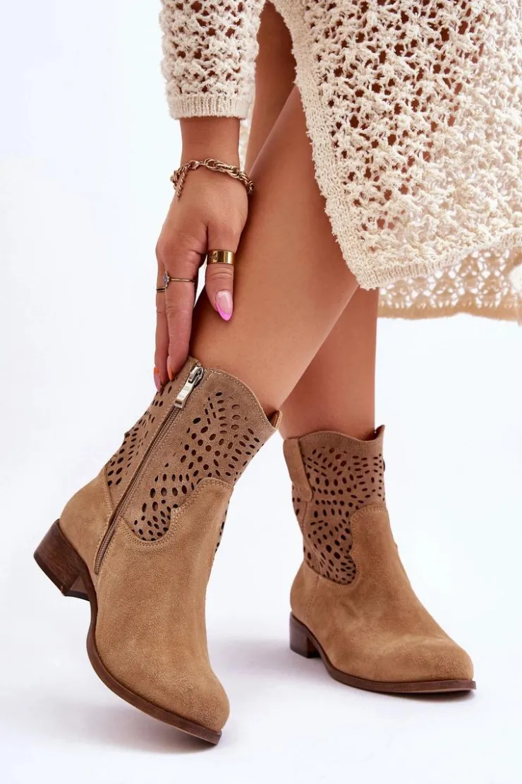 Outlet Boto Damskie Zamszowe Ażurowe Botki Lewski Shoes 3301 Beżowe