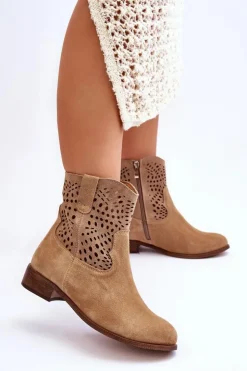 Outlet Boto Damskie Zamszowe Ażurowe Botki Lewski Shoes 3301 Beżowe