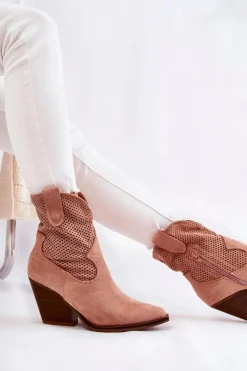 Hot Boto Damskie Zamszowe Ażurowe Botki Kowbojki Różowe Eleonore