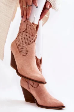 Hot Boto Damskie Zamszowe Ażurowe Botki Kowbojki Różowe Eleonore