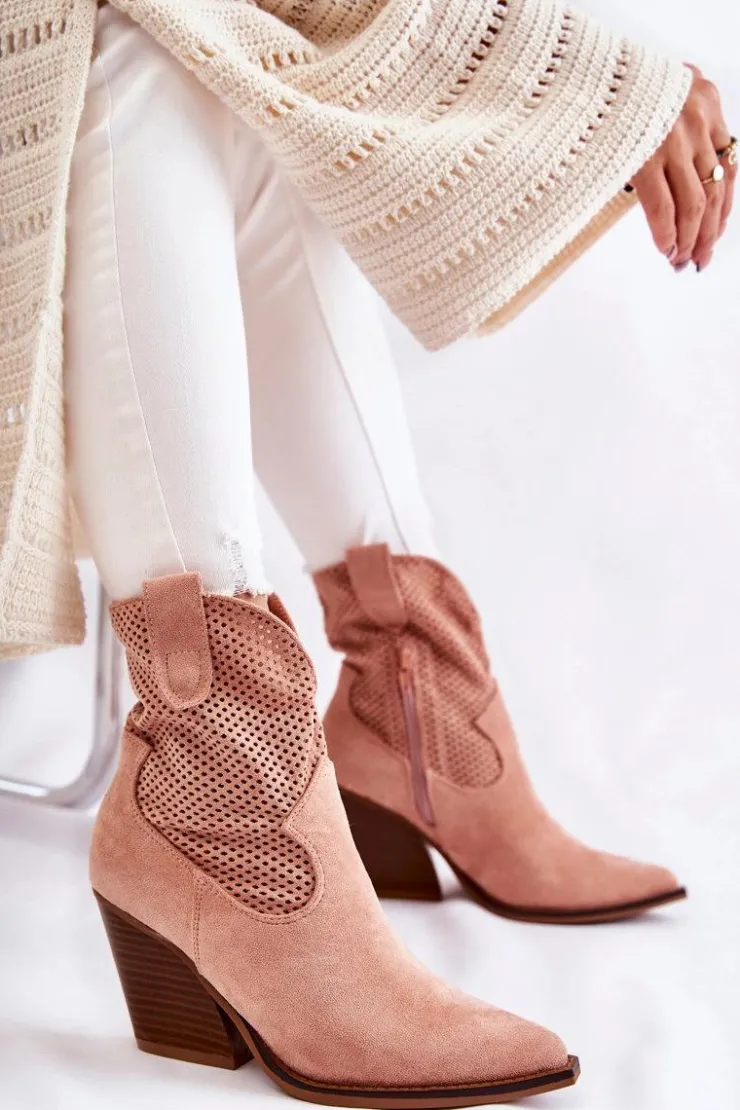 Hot Boto Damskie Zamszowe Ażurowe Botki Kowbojki Różowe Eleonore