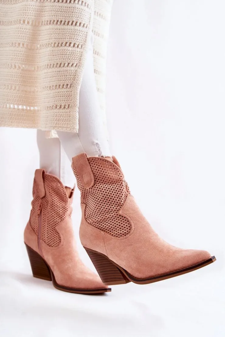 Hot Boto Damskie Zamszowe Ażurowe Botki Kowbojki Różowe Eleonore