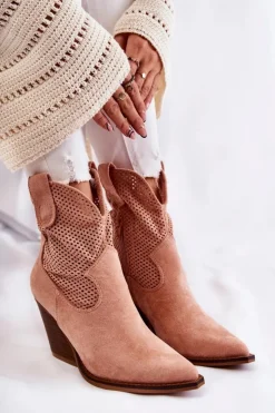 Hot Boto Damskie Zamszowe Ażurowe Botki Kowbojki Różowe Eleonore