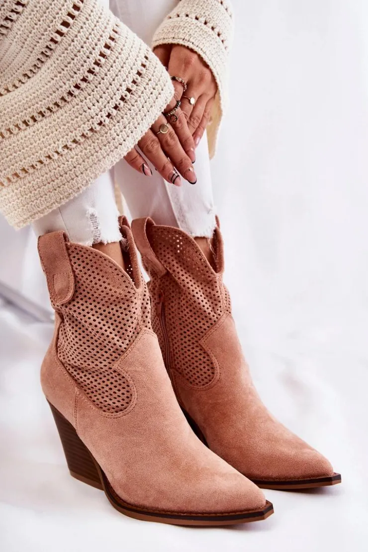 Hot Boto Damskie Zamszowe Ażurowe Botki Kowbojki Różowe Eleonore