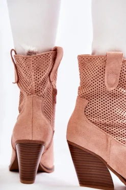 Hot Boto Damskie Zamszowe Ażurowe Botki Kowbojki Różowe Eleonore