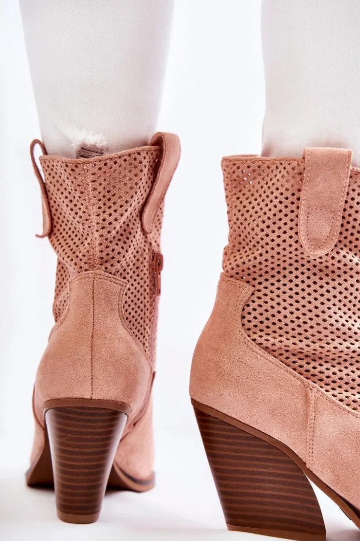 Hot Boto Damskie Zamszowe Ażurowe Botki Kowbojki Różowe Eleonore