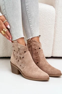 Damskie Damskie buty S.Barski Damskie Zamszowe Ażurowe Botki Kowbojki Beżowe S.Barski HY42-086