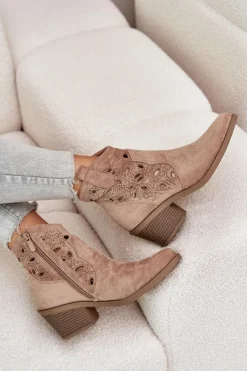 Damskie Damskie buty S.Barski Damskie Zamszowe Ażurowe Botki Kowbojki Beżowe S.Barski HY42-086
