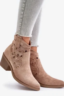 Damskie Damskie buty S.Barski Damskie Zamszowe Ażurowe Botki Kowbojki Beżowe S.Barski HY42-086