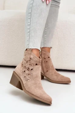 Damskie Damskie buty S.Barski Damskie Zamszowe Ażurowe Botki Kowbojki Beżowe S.Barski HY42-086