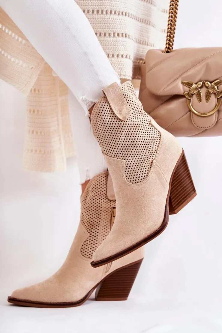 Boto Botki Wiosenne|Botki Na Słupku*Damskie Zamszowe Ażurowe Botki Kowbojki Beżowe Eleonore