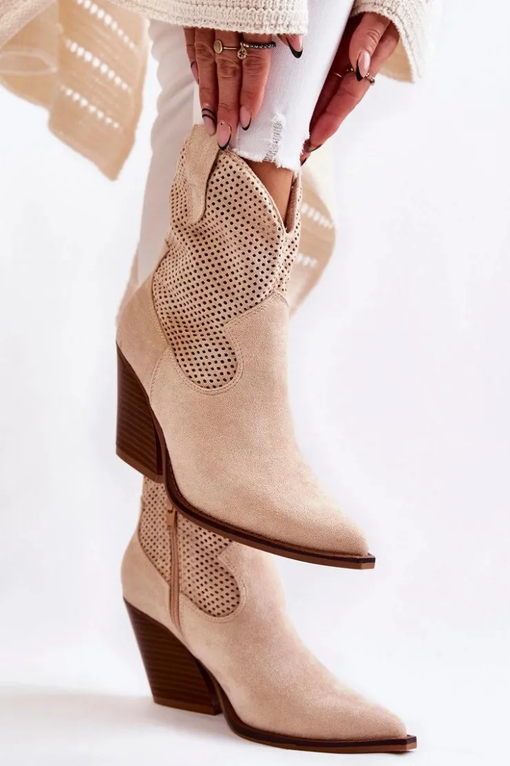 Boto Botki Wiosenne|Botki Na Słupku*Damskie Zamszowe Ażurowe Botki Kowbojki Beżowe Eleonore