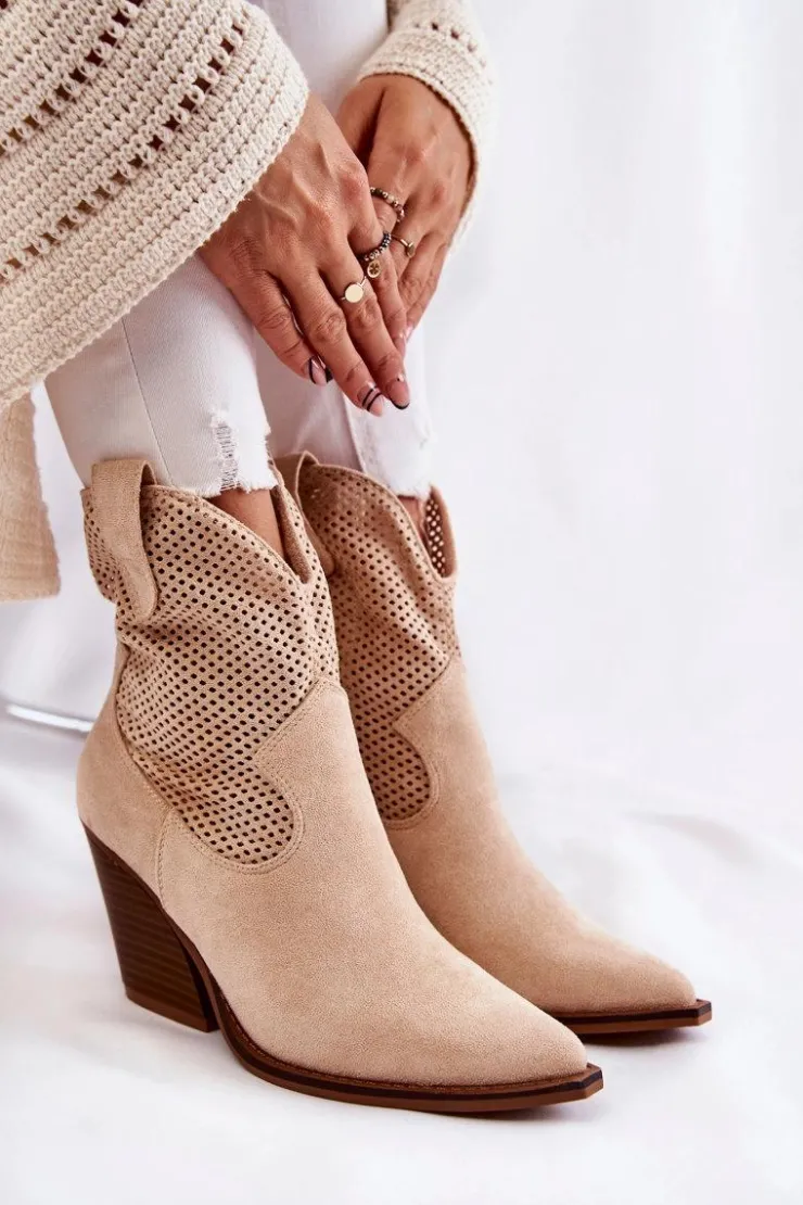 Boto Botki Wiosenne|Botki Na Słupku*Damskie Zamszowe Ażurowe Botki Kowbojki Beżowe Eleonore