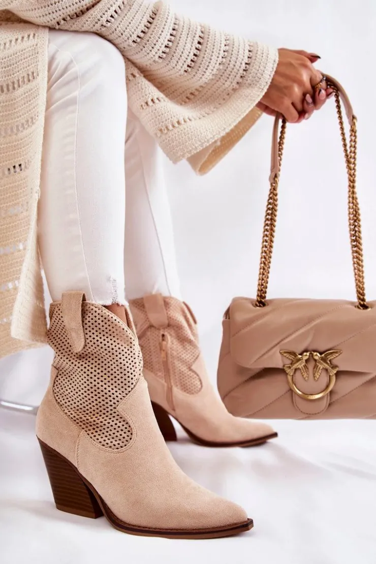 Boto Botki Wiosenne|Botki Na Słupku*Damskie Zamszowe Ażurowe Botki Kowbojki Beżowe Eleonore