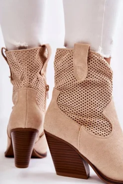 Boto Botki Wiosenne|Botki Na Słupku*Damskie Zamszowe Ażurowe Botki Kowbojki Beżowe Eleonore