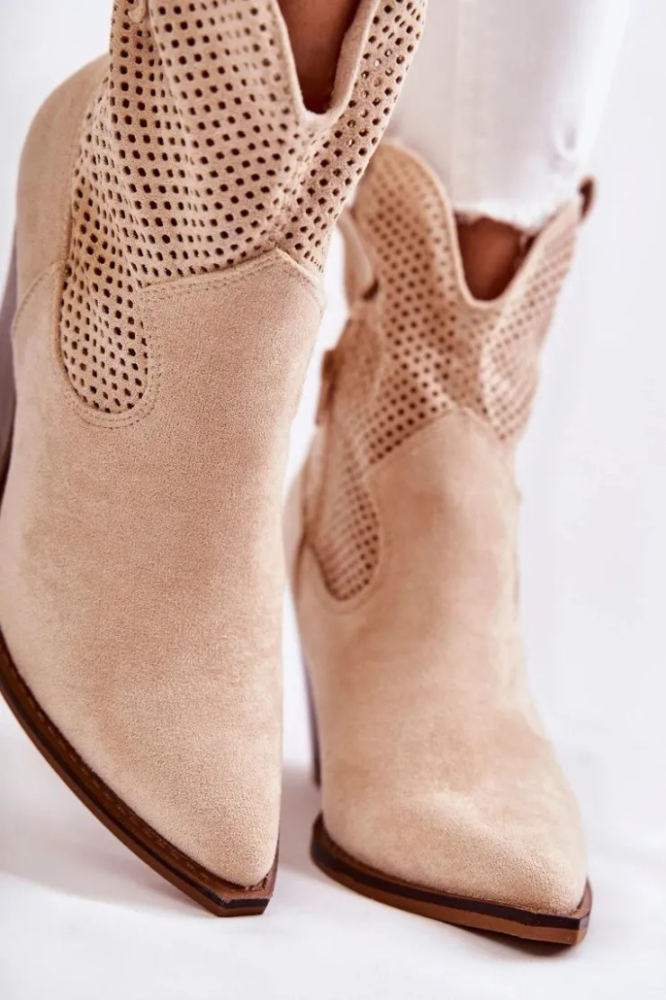 Boto Botki Wiosenne|Botki Na Słupku*Damskie Zamszowe Ażurowe Botki Kowbojki Beżowe Eleonore