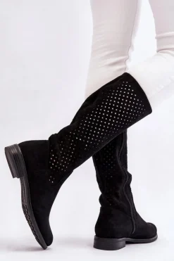 Damskie Damskie buty S.Barski Damskie Zamszowe Ażurowe Kozaki Przed Kolano Czarne Savannah