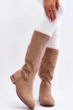 Hot Damskie buty S.Barski Damskie Zamszowe Ażurowe Kozaki Przed Kolano Beżowe Savannah