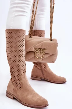 Hot Damskie buty S.Barski Damskie Zamszowe Ażurowe Kozaki Przed Kolano Beżowe Savannah