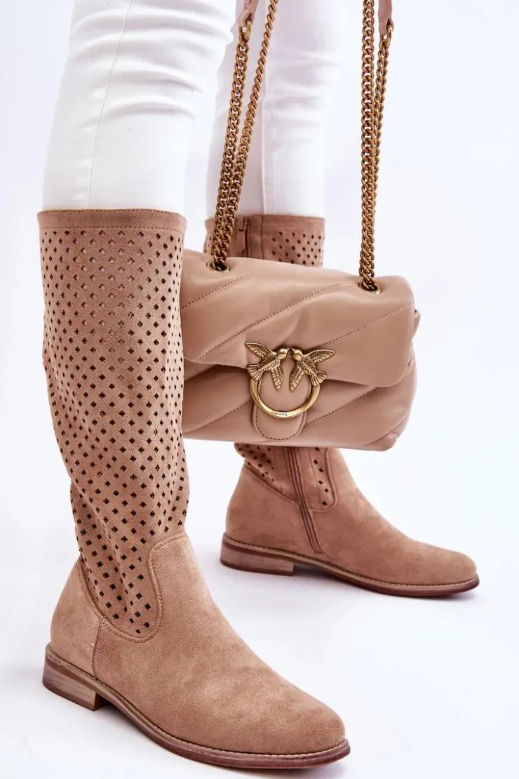 Hot Damskie buty S.Barski Damskie Zamszowe Ażurowe Kozaki Przed Kolano Beżowe Savannah