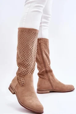 Hot Damskie buty S.Barski Damskie Zamszowe Ażurowe Kozaki Przed Kolano Beżowe Savannah