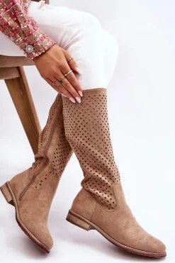 Hot Damskie buty S.Barski Damskie Zamszowe Ażurowe Kozaki Przed Kolano Beżowe Savannah