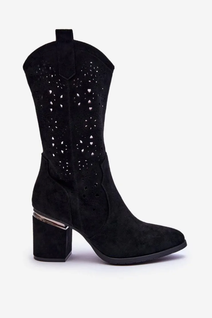 Damskie buty S.Barski Damskie Zamszowe Ażurowe Kozaki Czarne Adelia