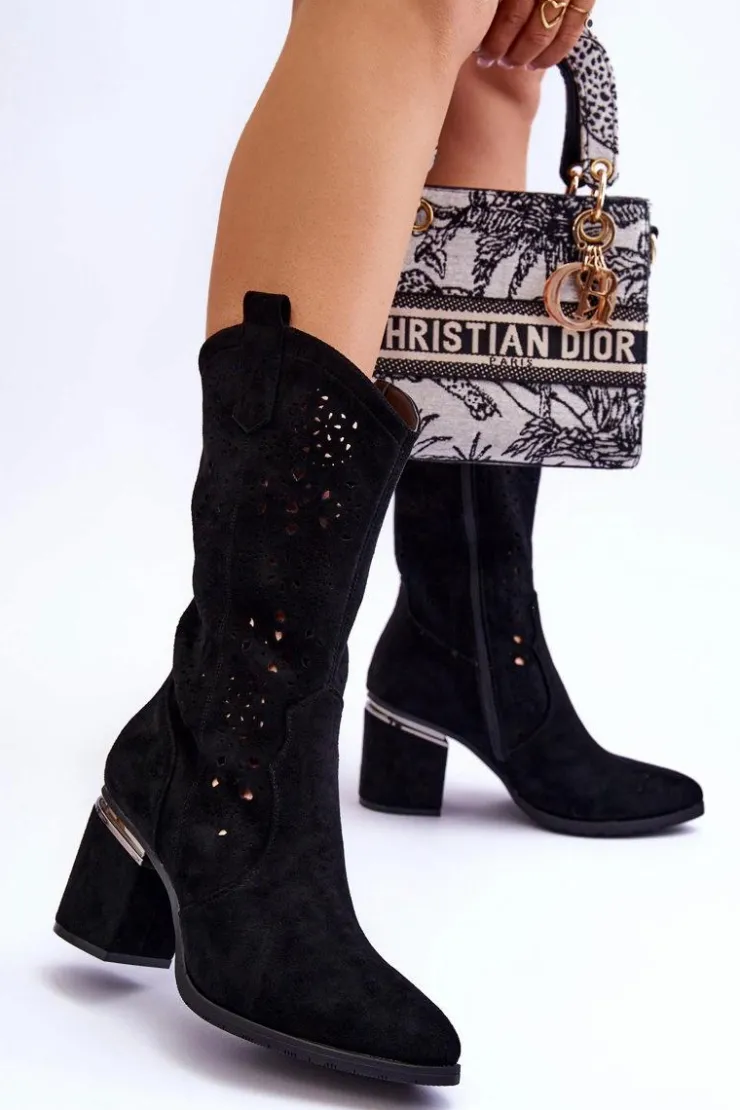 Damskie buty S.Barski Damskie Zamszowe Ażurowe Kozaki Czarne Adelia