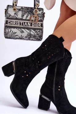 Damskie buty S.Barski Damskie Zamszowe Ażurowe Kozaki Czarne Adelia