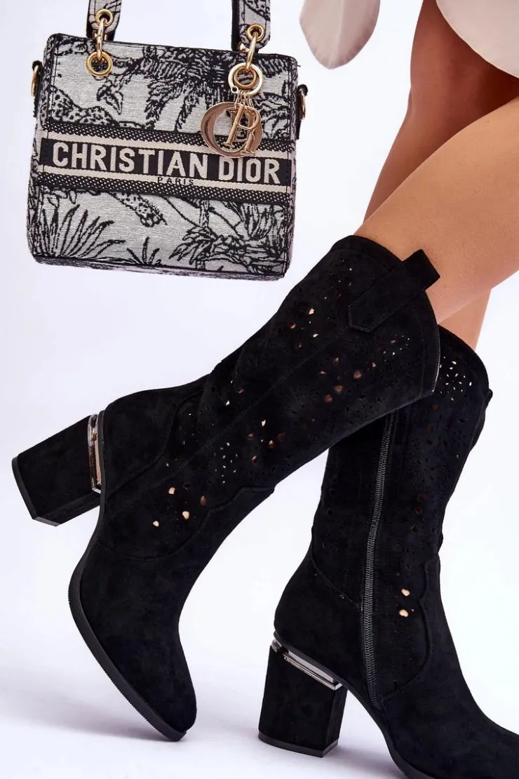 Damskie buty S.Barski Damskie Zamszowe Ażurowe Kozaki Czarne Adelia