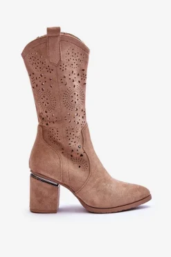 Damskie buty S.Barski Kozaki Wiosenne|Kozaki Ażurowe*Damskie Zamszowe Ażurowe Kozaki Beżowe Adelia