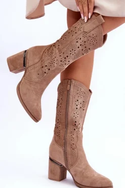 Damskie buty S.Barski Kozaki Wiosenne|Kozaki Ażurowe*Damskie Zamszowe Ażurowe Kozaki Beżowe Adelia