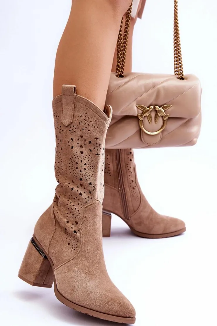 Damskie buty S.Barski Kozaki Wiosenne|Kozaki Ażurowe*Damskie Zamszowe Ażurowe Kozaki Beżowe Adelia