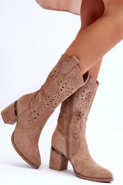 Damskie buty S.Barski Kozaki Wiosenne|Kozaki Ażurowe*Damskie Zamszowe Ażurowe Kozaki Beżowe Adelia