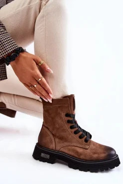 Big Star Shoes Damskie Trapery|Botki Sznurowane*Damskie Zamszowe Botki Big Star KK274504 Brązowe