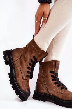 Big Star Shoes Damskie Trapery|Botki Sznurowane*Damskie Zamszowe Botki Big Star KK274504 Brązowe