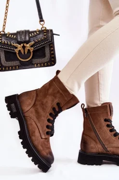 Big Star Shoes Damskie Trapery|Botki Sznurowane*Damskie Zamszowe Botki Big Star KK274504 Brązowe