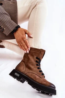 Big Star Shoes Damskie Trapery|Botki Sznurowane*Damskie Zamszowe Botki Big Star KK274504 Brązowe