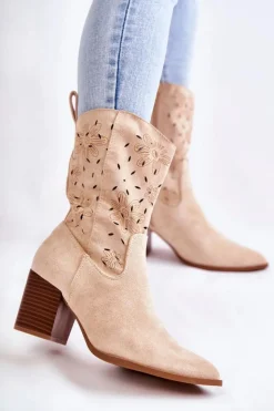 Damskie Boto Damskie Zamszowe Botki Kowbojki W Kwiaty Beżowe Ariane