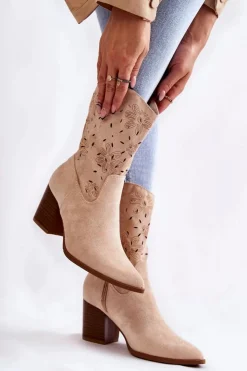 Damskie Boto Damskie Zamszowe Botki Kowbojki W Kwiaty Beżowe Ariane