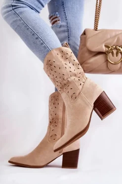 Damskie Boto Damskie Zamszowe Botki Kowbojki W Kwiaty Beżowe Ariane