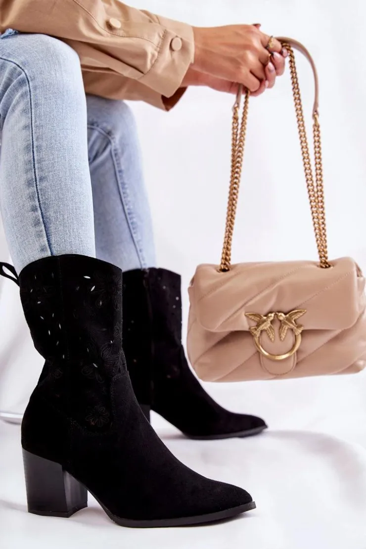 Boto Botki Wiosenne|Botki Na Słupku*Damskie Zamszowe Botki Kowbojki W Kwiaty Czarne Ariane