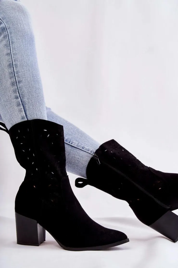 Boto Botki Wiosenne|Botki Na Słupku*Damskie Zamszowe Botki Kowbojki W Kwiaty Czarne Ariane