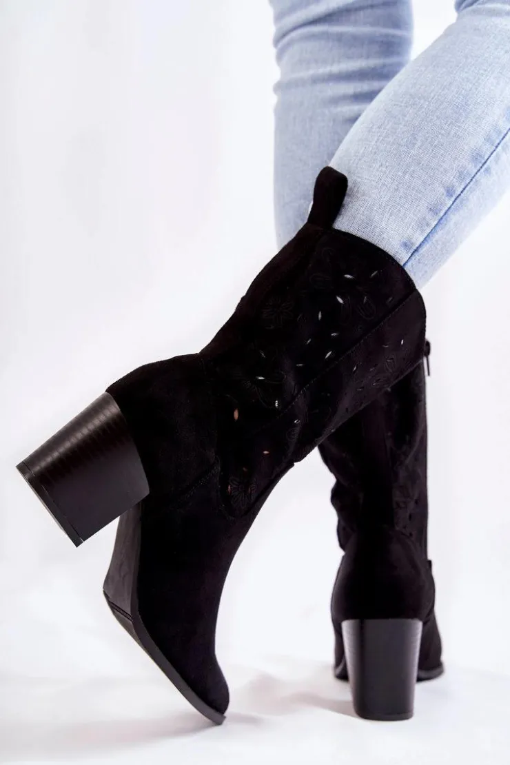 Boto Botki Wiosenne|Botki Na Słupku*Damskie Zamszowe Botki Kowbojki W Kwiaty Czarne Ariane