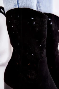 Boto Botki Wiosenne|Botki Na Słupku*Damskie Zamszowe Botki Kowbojki W Kwiaty Czarne Ariane