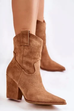 Damskie Boto Damskie Zamszowe Botki Kowbojki Camel Mindy