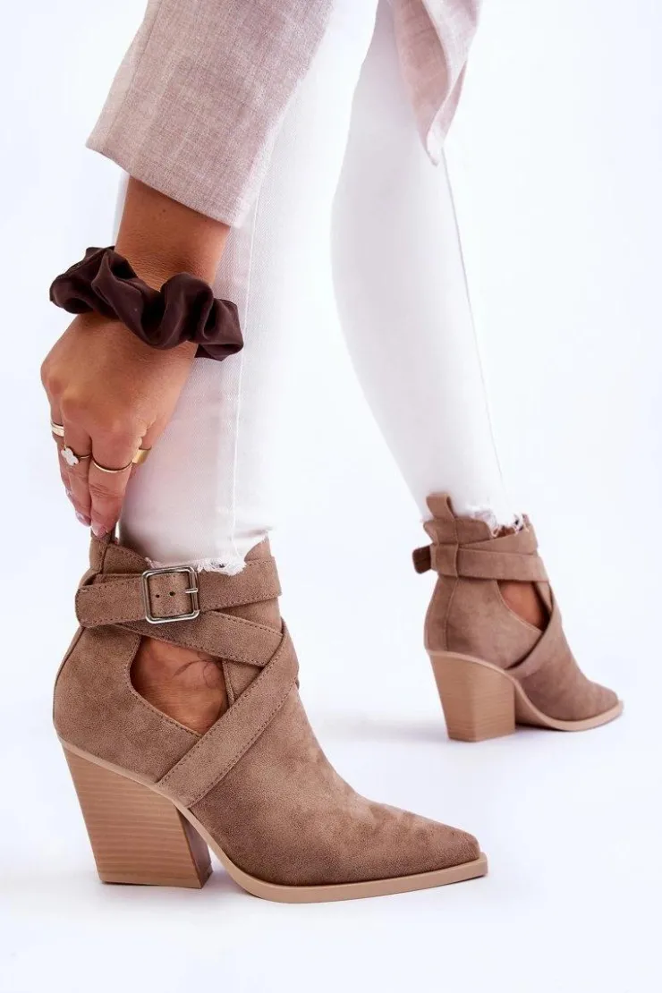 Boto Botki Na Słupku|Brązowe I Beżowe Botki*Damskie Zamszowe Botki Kowbojki Ciemnobeżowe Dennise