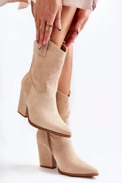 Boto Botki Wiosenne|Brązowe I Beżowe Botki*Damskie Zamszowe Botki Kowbojki Beżowe Mindy