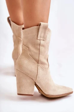 Boto Botki Wiosenne|Brązowe I Beżowe Botki*Damskie Zamszowe Botki Kowbojki Beżowe Mindy