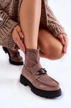 Boto Botki Wiosenne|Botki Ocieplane*Damskie Zamszowe Botki La.Fi 250042B-SU Beżowe Beżowy